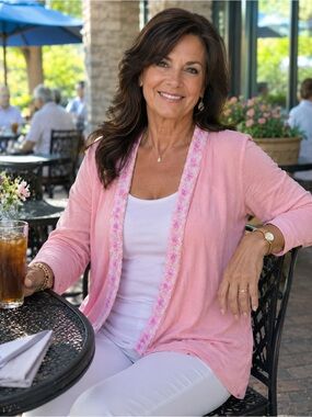 Karen Kane Pink Embroidered-Trim Open Cardigan-large-cottage core-feminine -